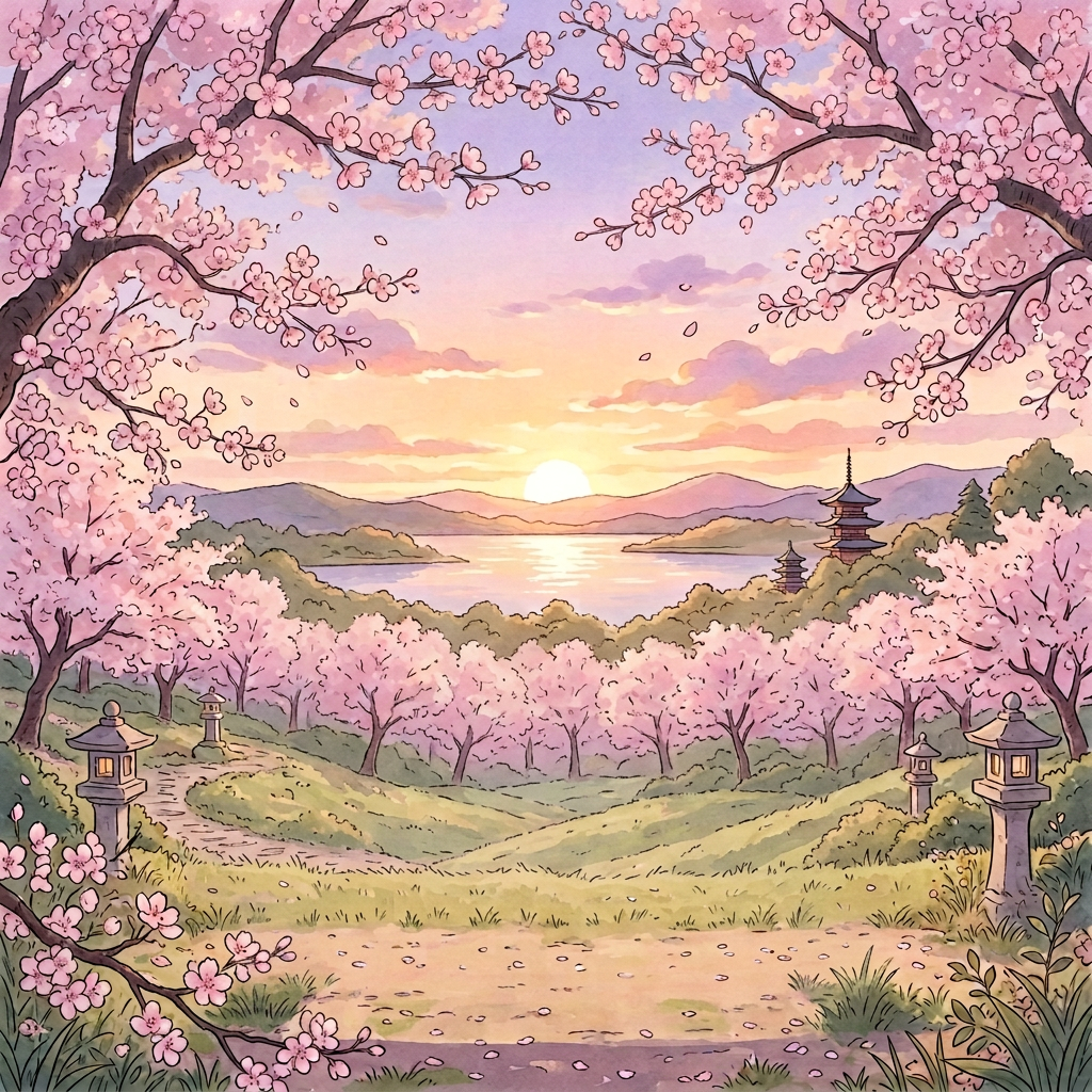 Four friends viewing a sunset lake beneath cherry blossoms